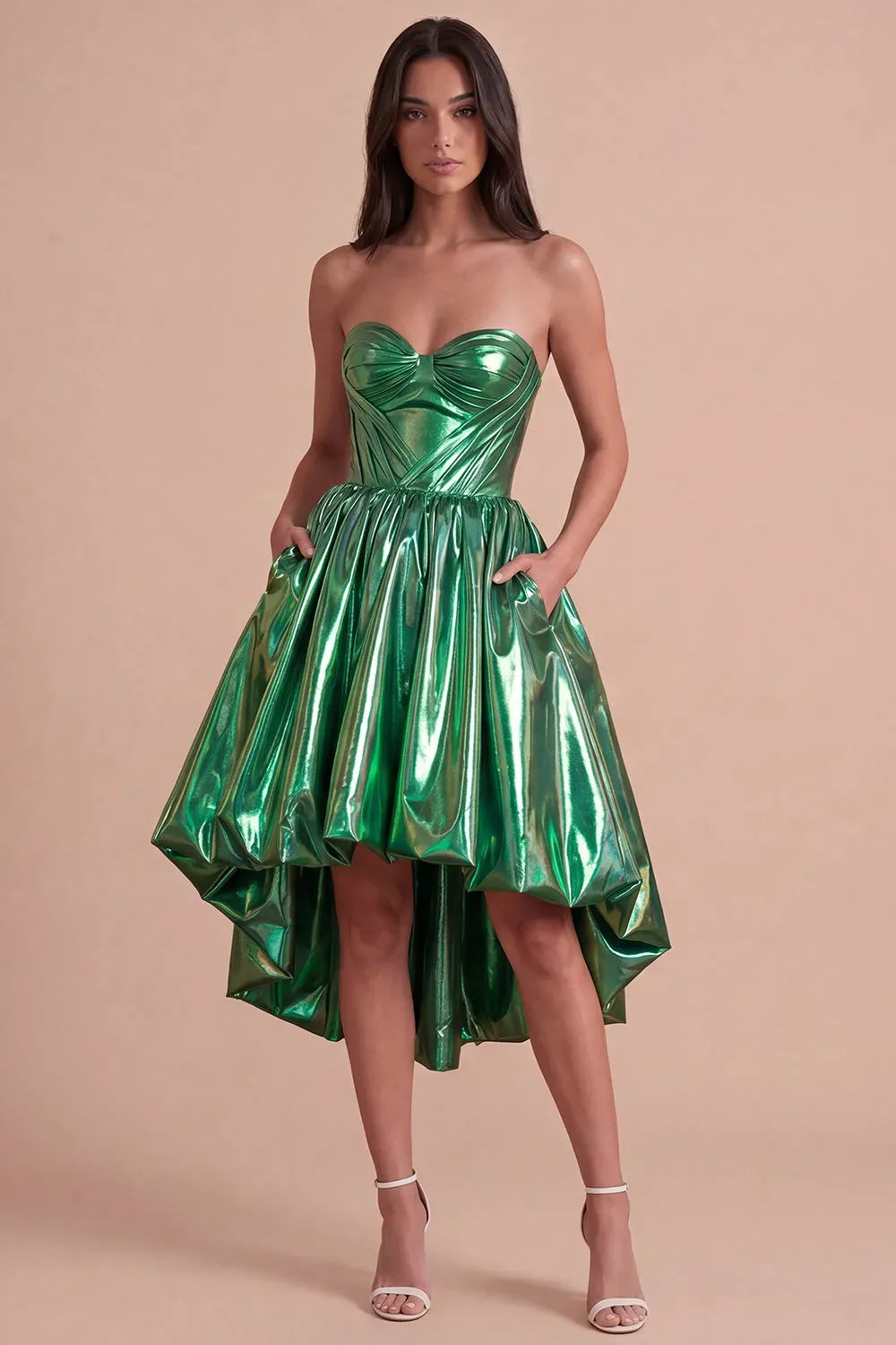 Glamorous Metallic Strapless Sweetheart Zipper Back High Low Homecoming Dress