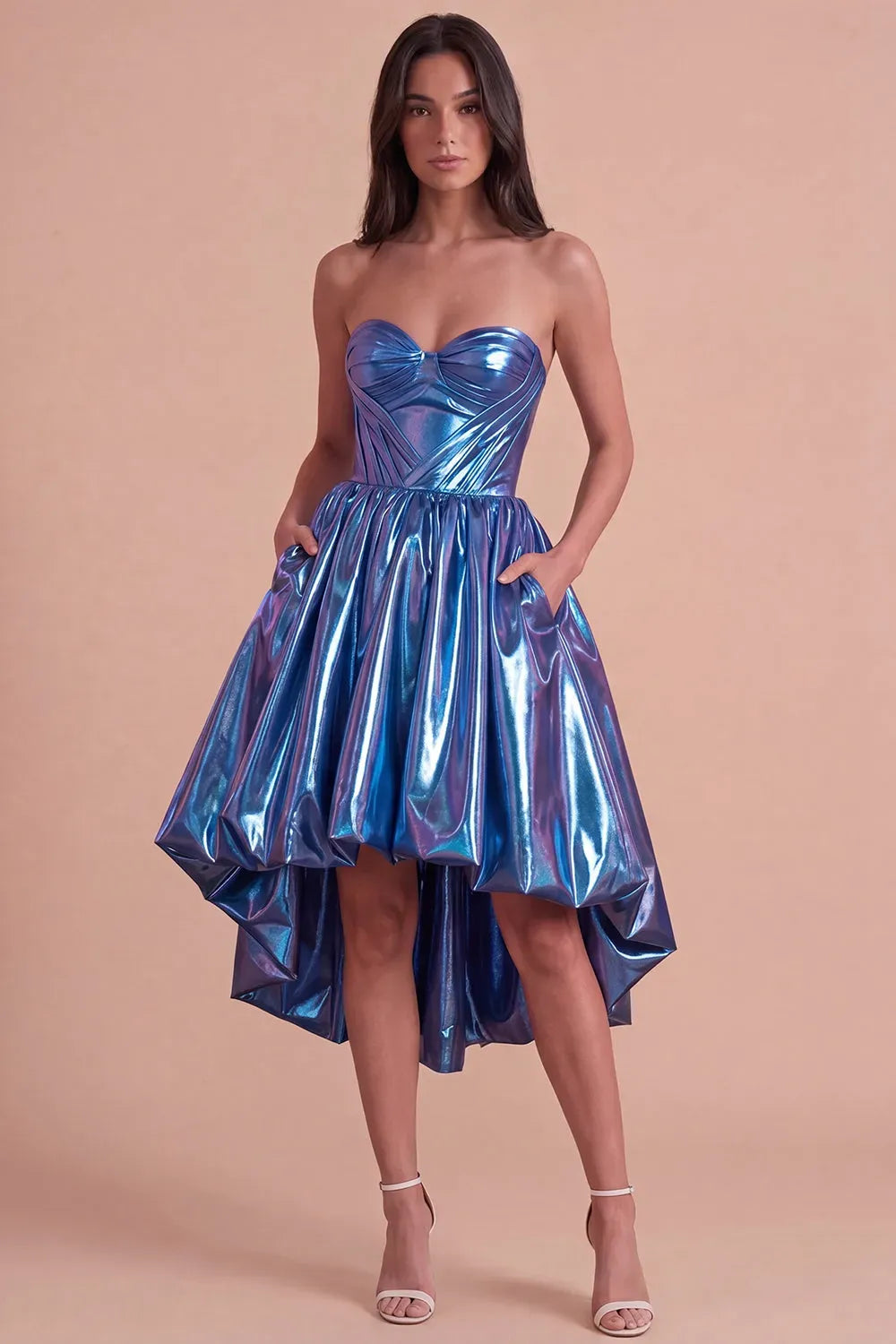Glamorous Metallic Strapless Sweetheart Zipper Back High Low Homecoming Dress