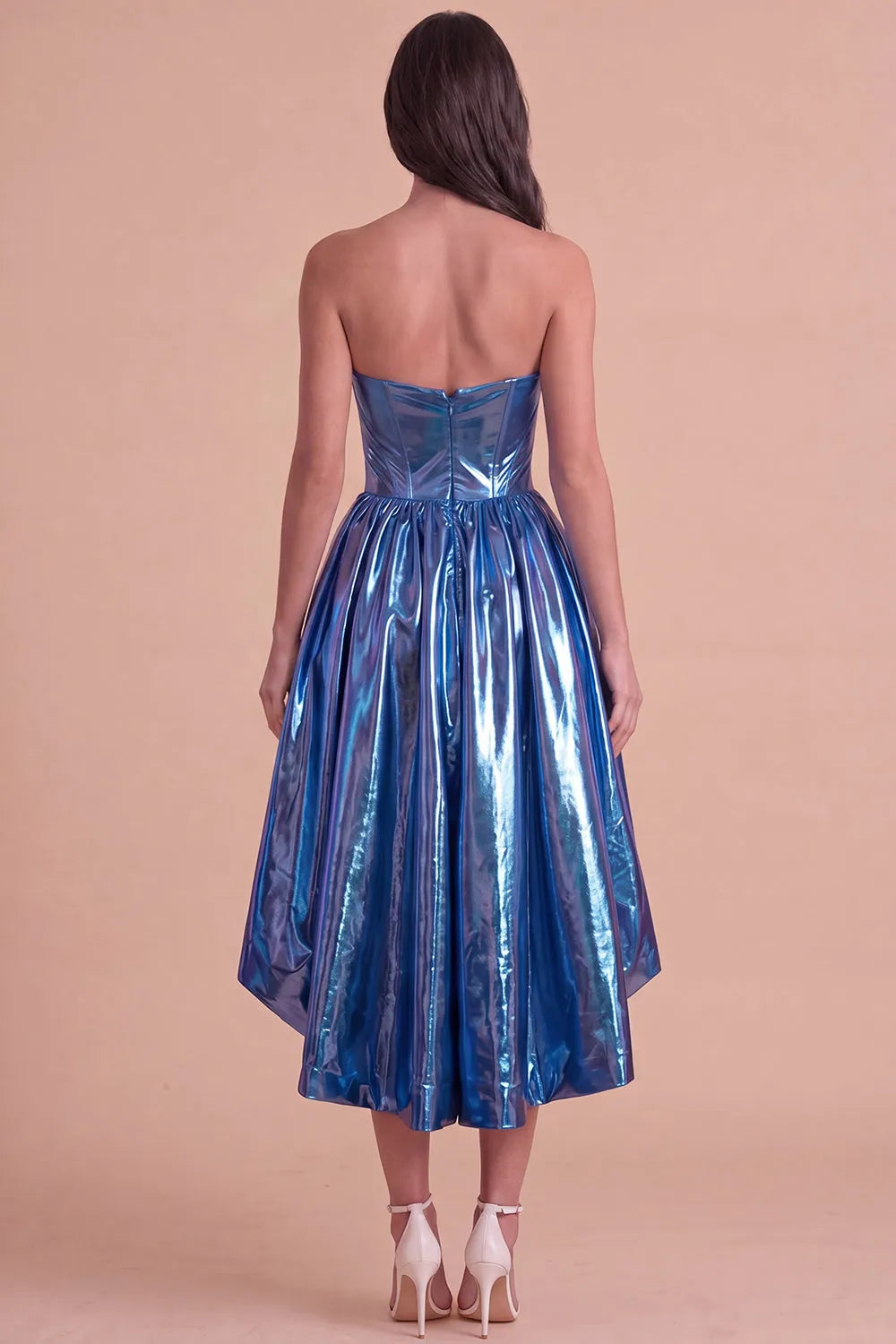 Glamorous Metallic Strapless Sweetheart Zipper Back High Low Homecoming Dress
