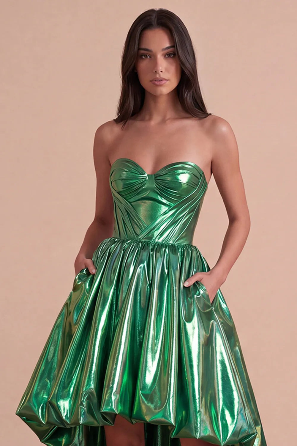 Glamorous Metallic Strapless Sweetheart Zipper Back High Low Homecoming Dress