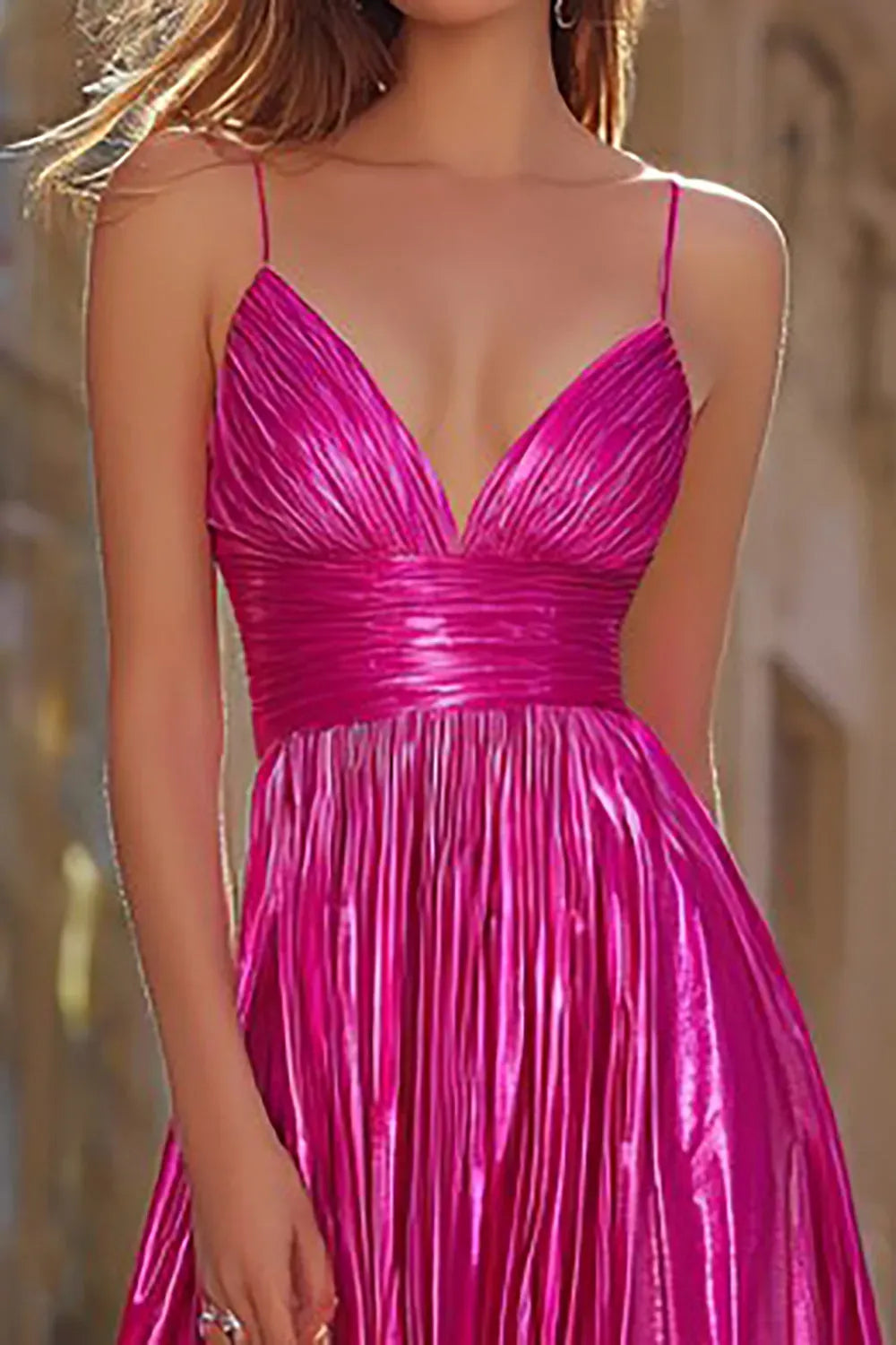 Radiant A Line V Neck Spaghetti Strap Low Back Prom Dress