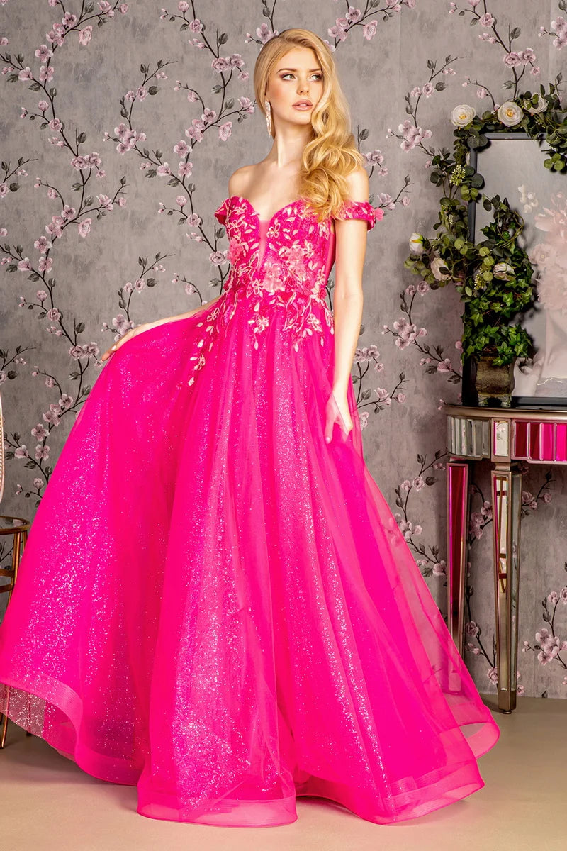Loverlm fuchsia A-line prom dress with off-shoulder sweetheart neckline floral appliqué sparkling bodice and glitter tulle floor-length skirt