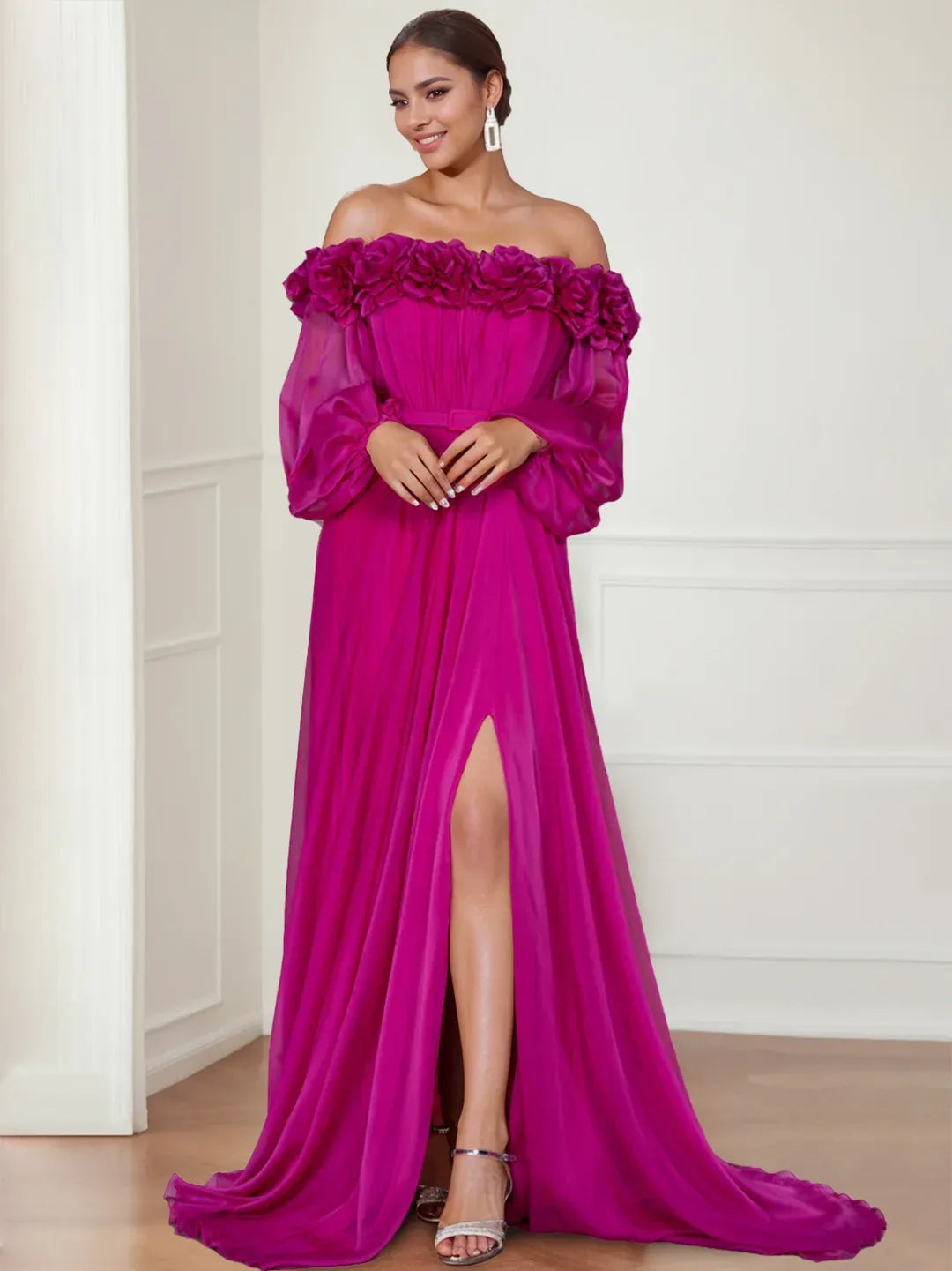 Front view of Loverlm fuchsia pink off-shoulder evening dress with floral neckline, sheer long sleeves, high slit and flowing floor-length skirt