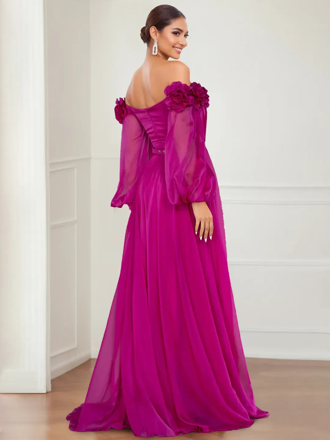 Romantic A-Line Off-Shoulder Long-Sleeve Corset-Back Floor-Length Floral Evening Dress