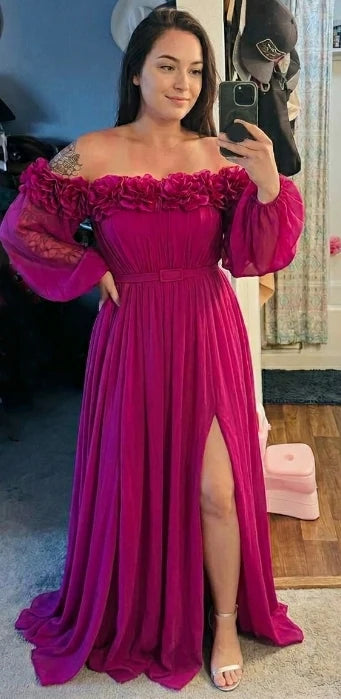 Romantic A-Line Off-Shoulder Long-Sleeve Corset-Back Floor-Length Floral Evening Dress