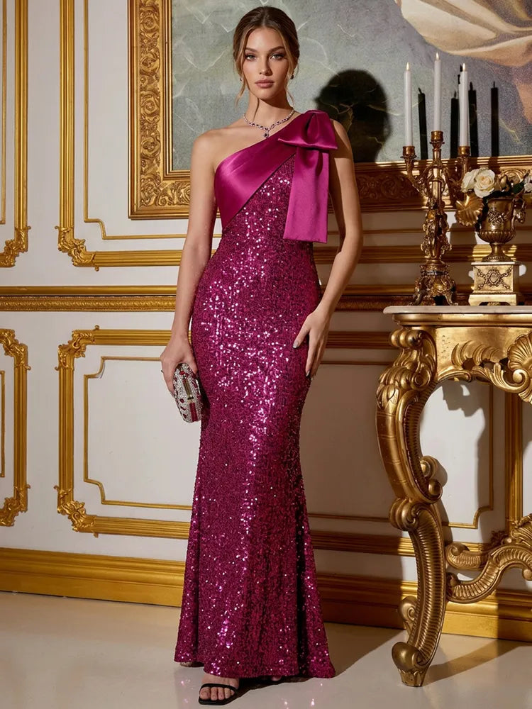 Loverlm fuchsia formal evening dress with one-shoulder neckline oversized bow allover sequins and fitted floor-length mermaid silhouette