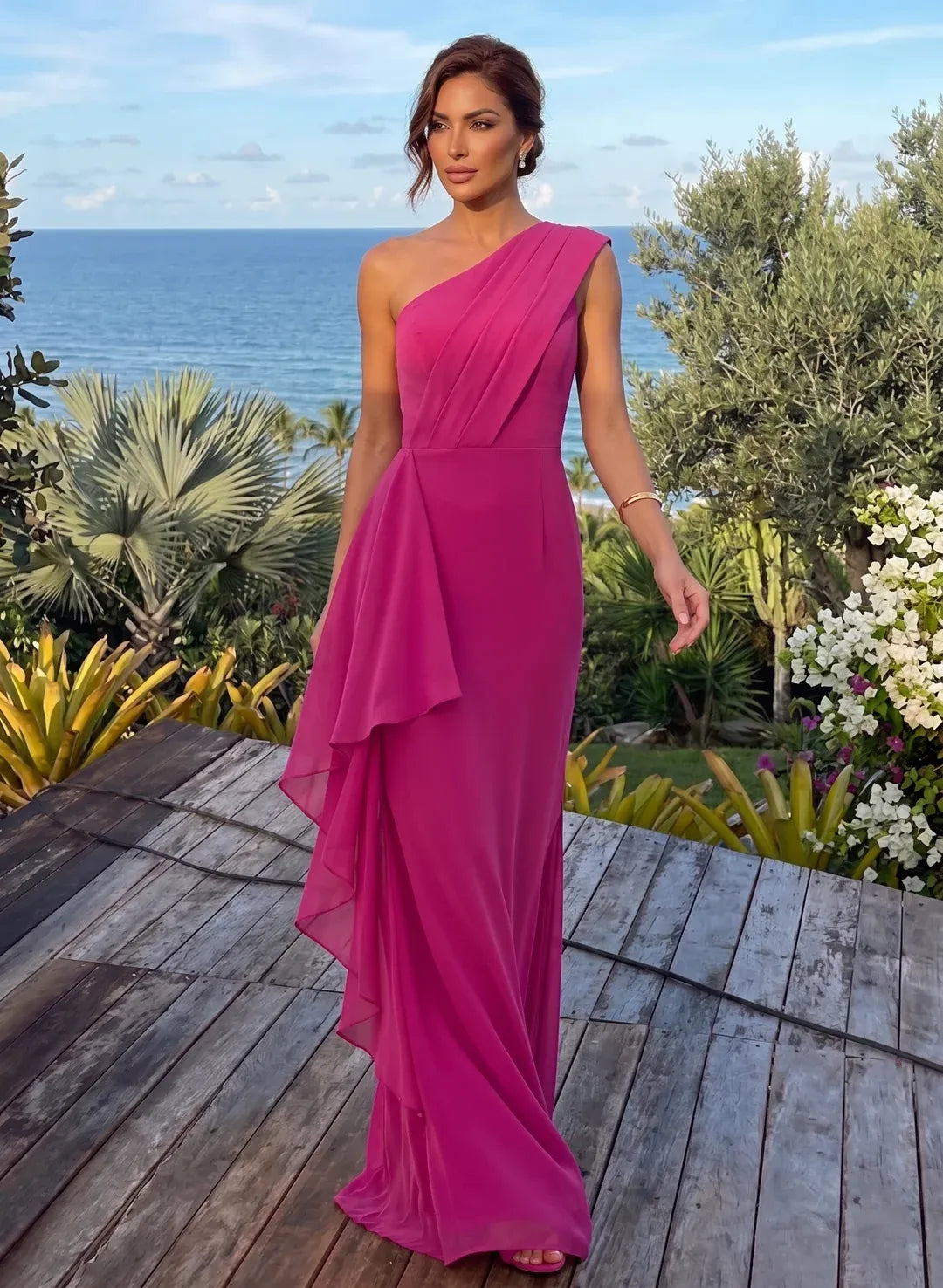 Back view of Loverlm fuchsia one-shoulder floor-length bridesmaid dress