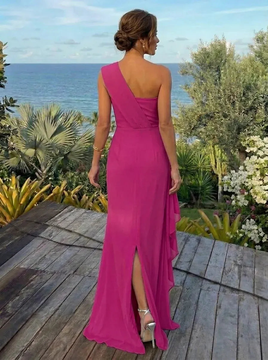 Elegant Sheath One-Shoulder Sleeveless Zip-Back Floor-Length Pink Wedding Guest Dress
