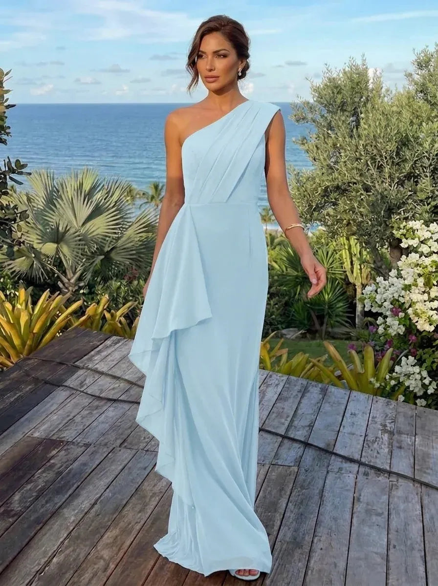 Elegant Sheath One-Shoulder Sleeveless Zip-Back Floor-Length Pink Wedding Guest Dress