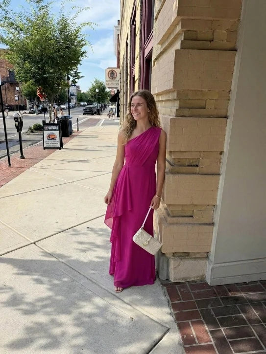 Elegant Sheath One-Shoulder Sleeveless Zip-Back Floor-Length Pink Wedding Guest Dress