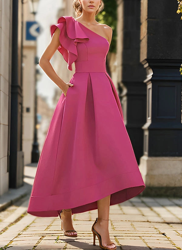 Fuchsia pink one-shoulder Mother of the Bride Dress with dramatic layered ruffles, fitted waist, side pockets and high-low A-line tea-length skirt by Loverlm.