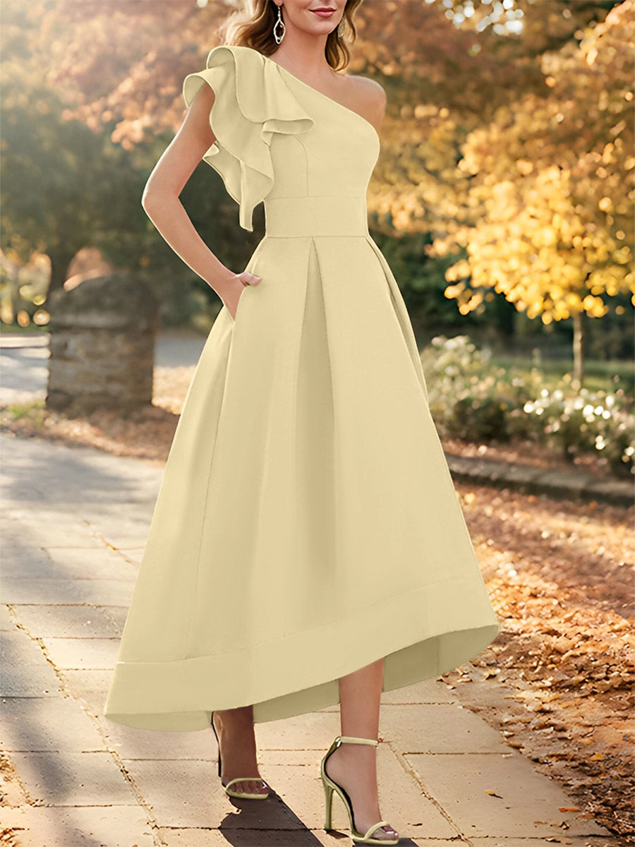 Elegant A-Line One Shoulder Ruffle Sleeveless V-Back High Low Tea Length Mother of the Bride Dress