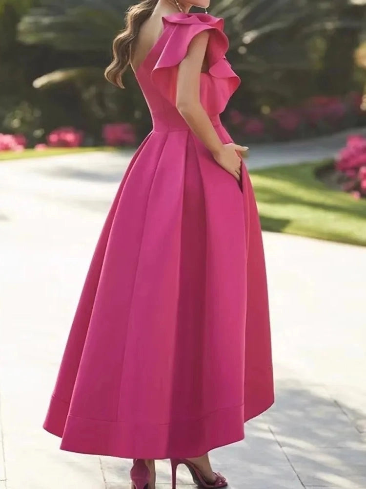 Elegant A-Line One Shoulder Ruffle Sleeveless V-Back High Low Tea Length Mother of the Bride Dress