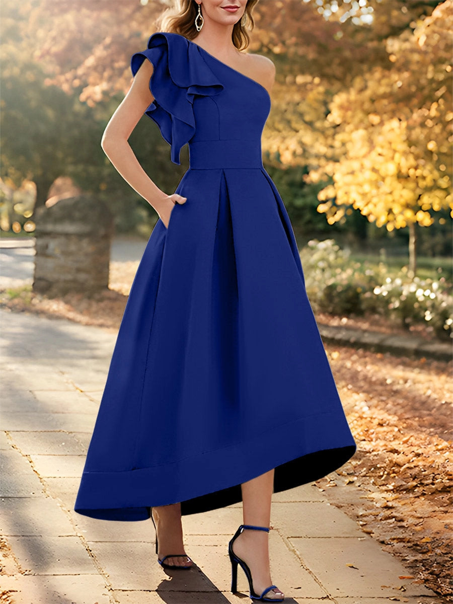Elegant A-Line One Shoulder Ruffle Sleeveless V-Back High Low Tea Length Mother of the Bride Dress
