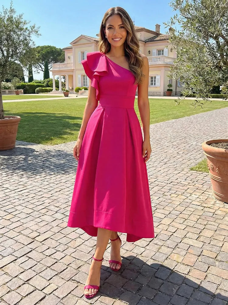 Loverlm fuchsia wedding guest dress with one-shoulder ruffle fitted waist pleated A-line satin midi skirt