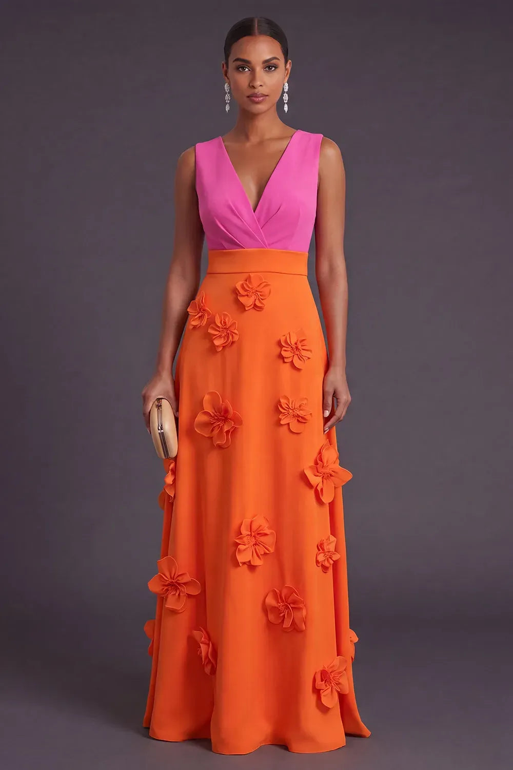 Loverlm fuchsia and orange A-line evening dress featuring a deep V-neckline, sleeveless bodice, defined waist and 3D floral appliqués