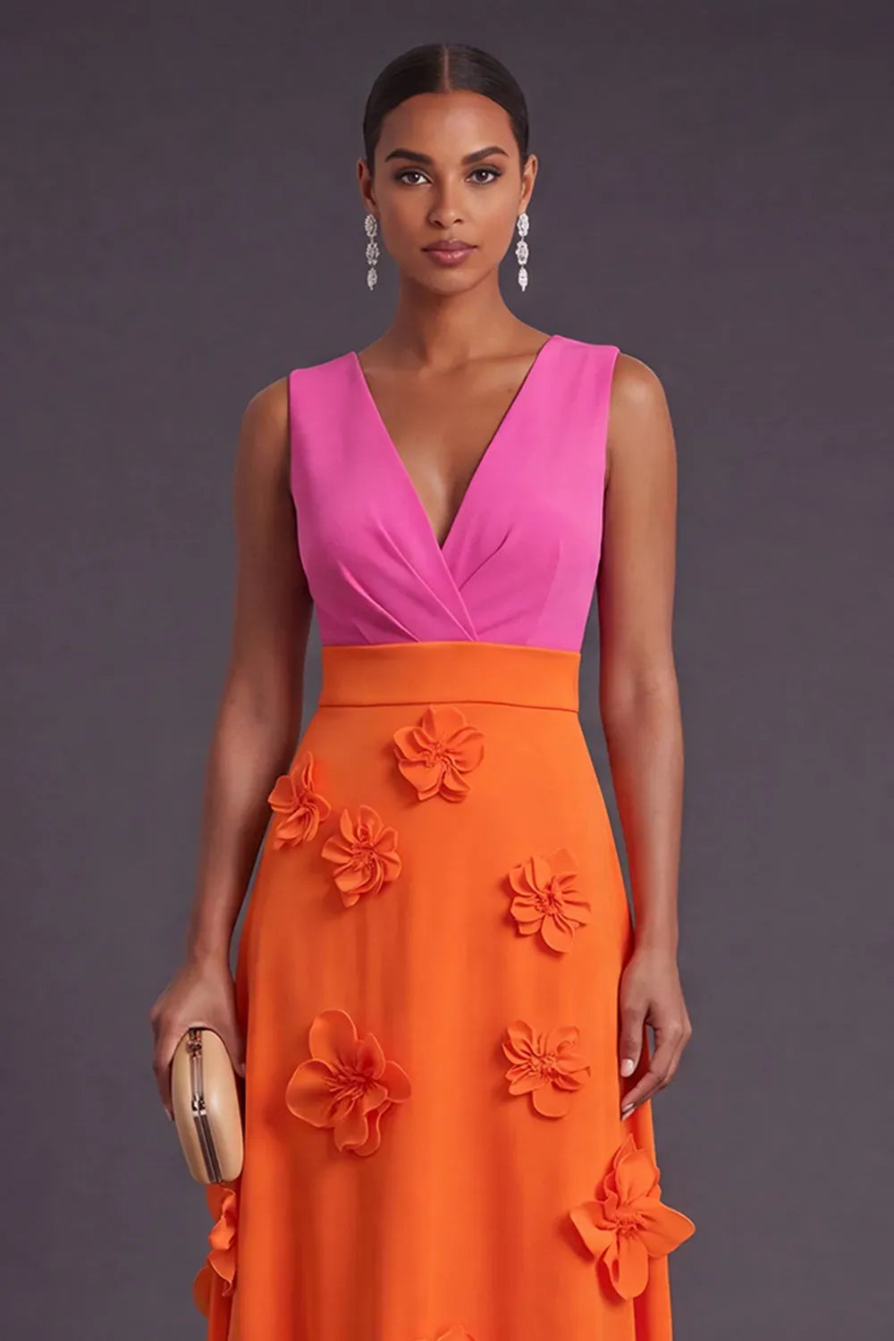 Vibrant A-Line V-Neck Sleeveless Zipper Back Floral Floor Length Evening Dress