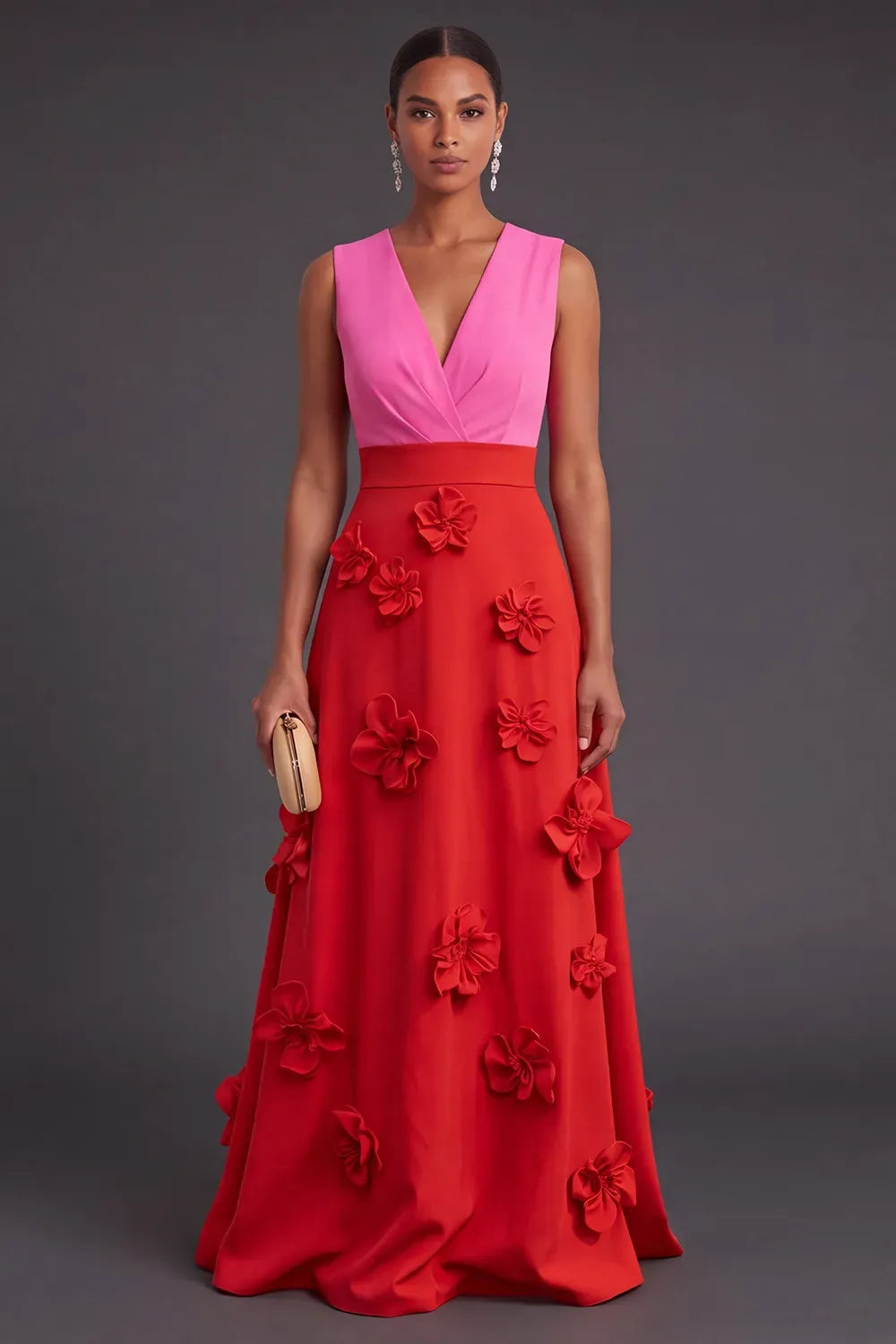Vibrant A-Line V-Neck Sleeveless Zipper Back Floral Floor Length Evening Dress