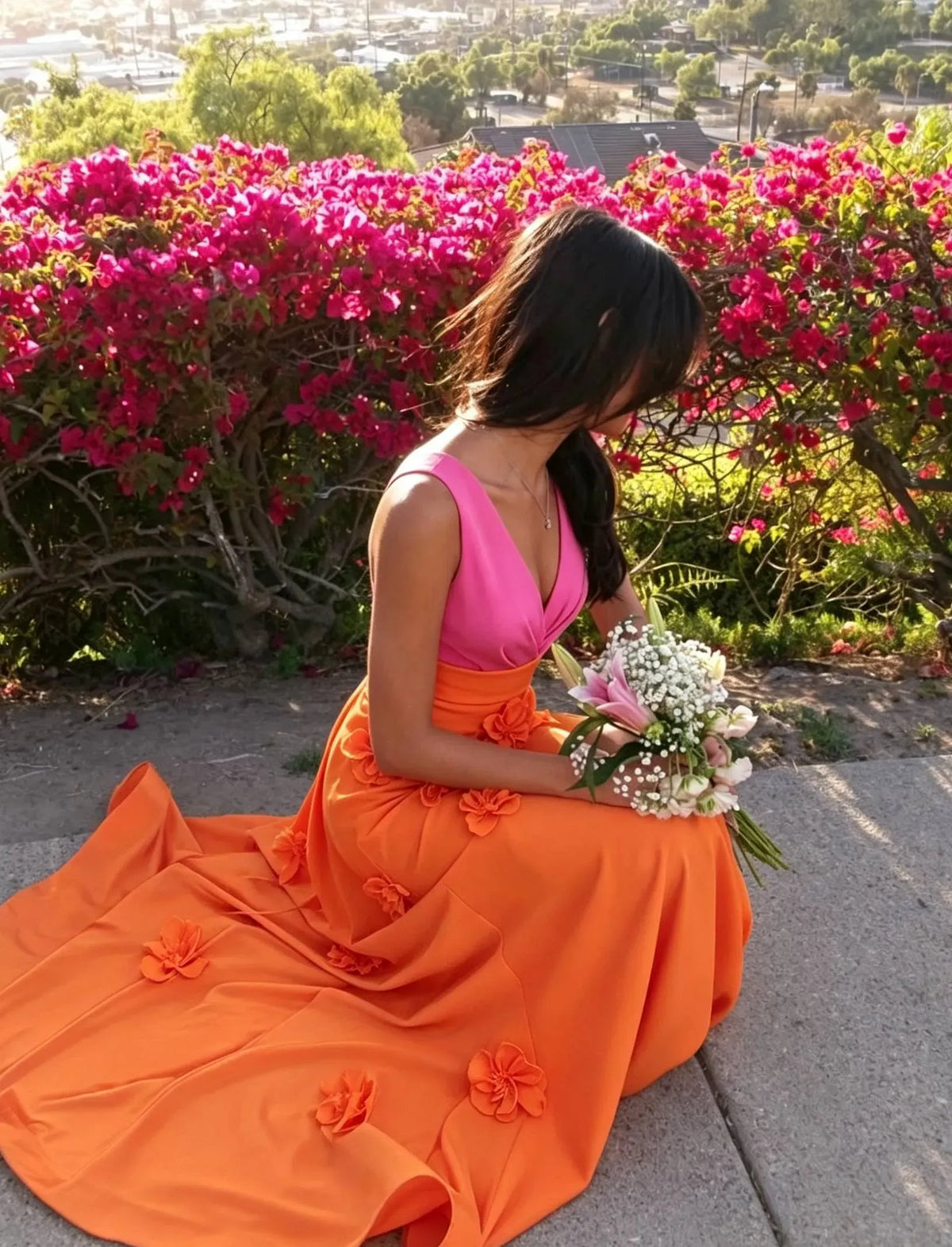 Vibrant A-Line V-Neck Sleeveless Zipper Back Floral Floor Length Evening Dress
