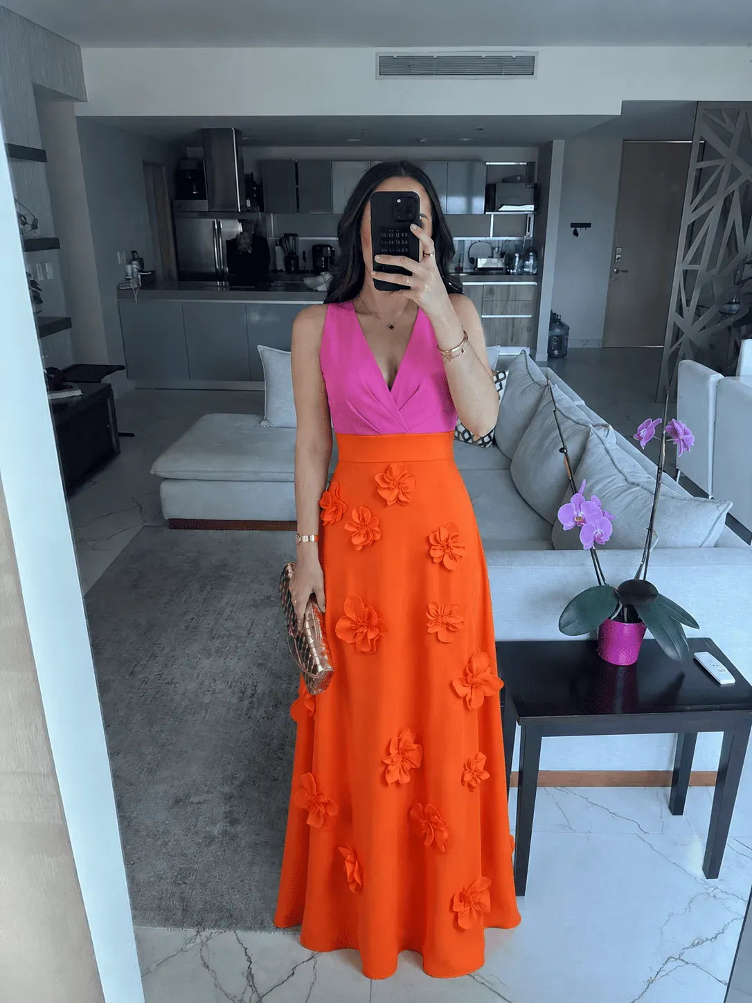Vibrant A-Line V-Neck Sleeveless Zipper Back Floral Floor Length Evening Dress