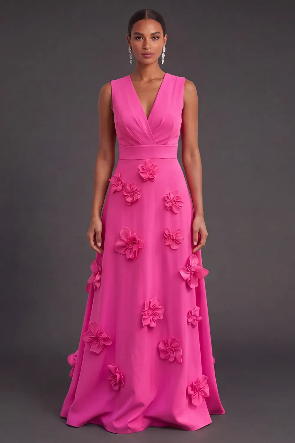 Vibrant A-Line V-Neck Sleeveless Zipper Back Floral Floor Length Evening Dress