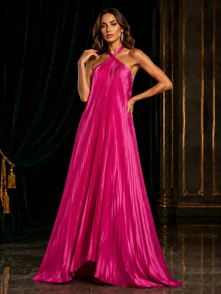 Loverlm fuchsia pleated satin halter neck floor length evening dress front view