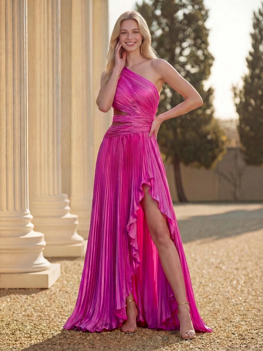 Loverlm fuchsia pleated chiffon prom dress with one-shoulder neckline, waist cutout and ruffled thigh-high slit