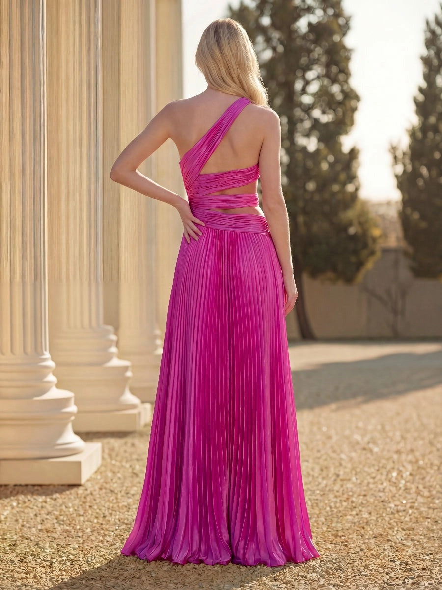 Glamorous Pleated Chiffon A-Line One-Shoulder Sleeveless Cutout Back Slit Floor-Length Prom Dress