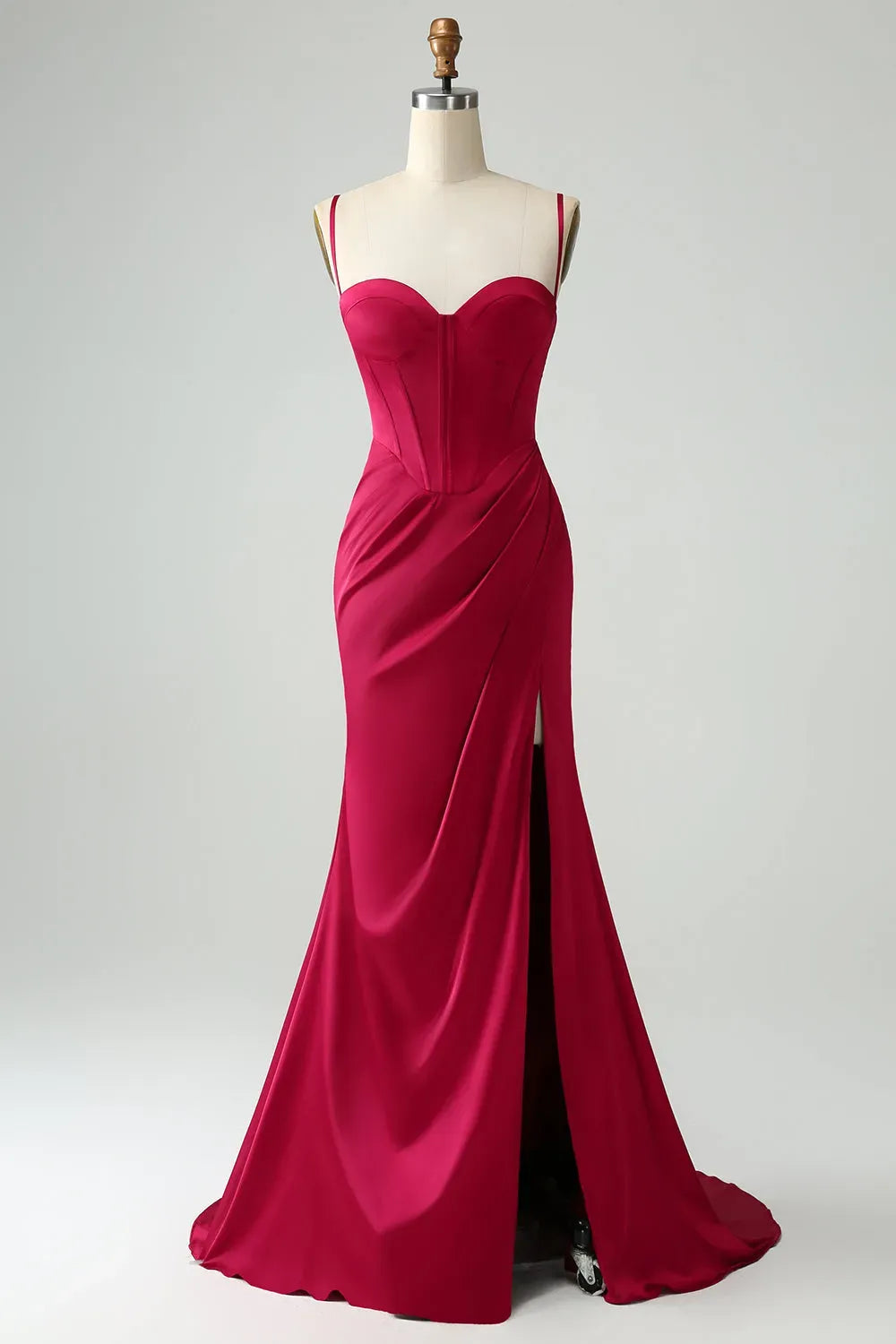 Elegant Sheath Sweetheart Spaghetti Straps Draped Slit Floor-Length Fuchsia Prom Dress