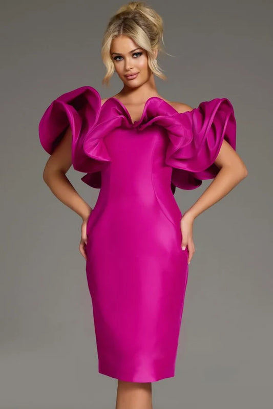 Loverlm fuchsia satin knee-length cocktail dress with dramatic sculptural ruffle neckline front view
