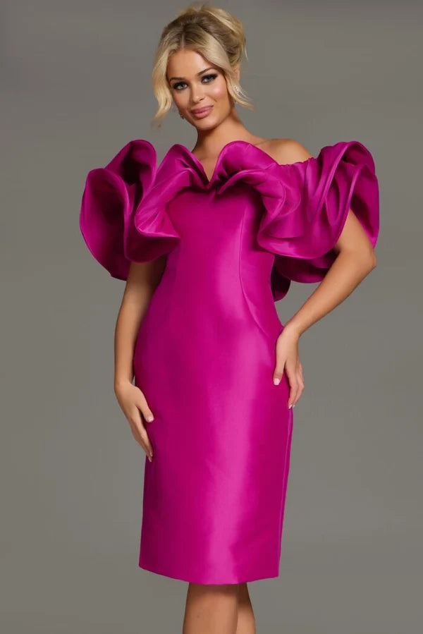 Dramatic Satin Sheath Ruffle-Neck Short-Sleeve High-Back Knee-Length Wedding Guest Dress