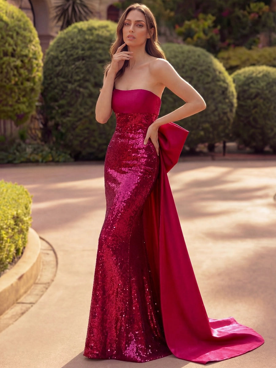 Loverlm fuchsia sequin mermaid prom dress with strapless neckline, oversized satin bow and sweeping train