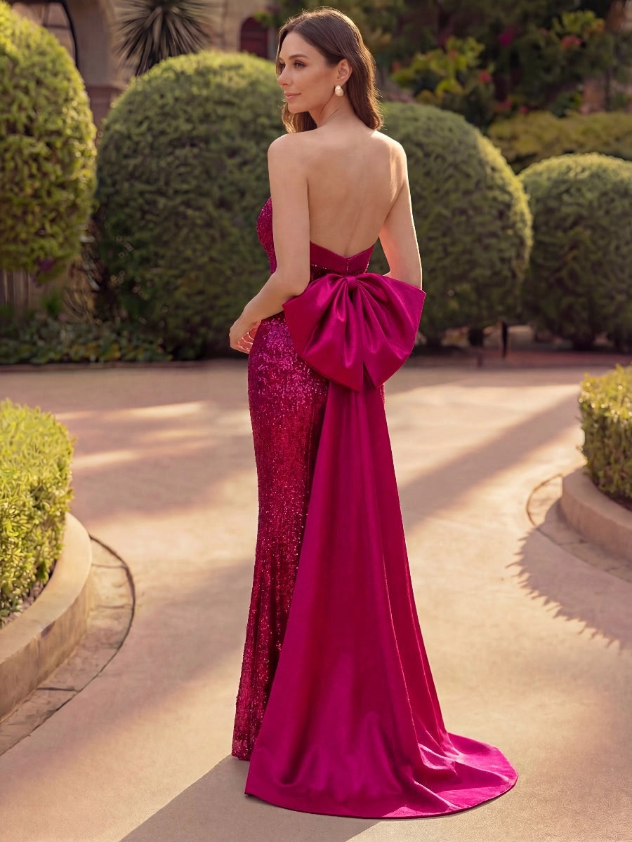 Glamorous Sequin Mermaid Strapless Sleeveless Bow Back Sweep Train Floor-Length Prom Dress