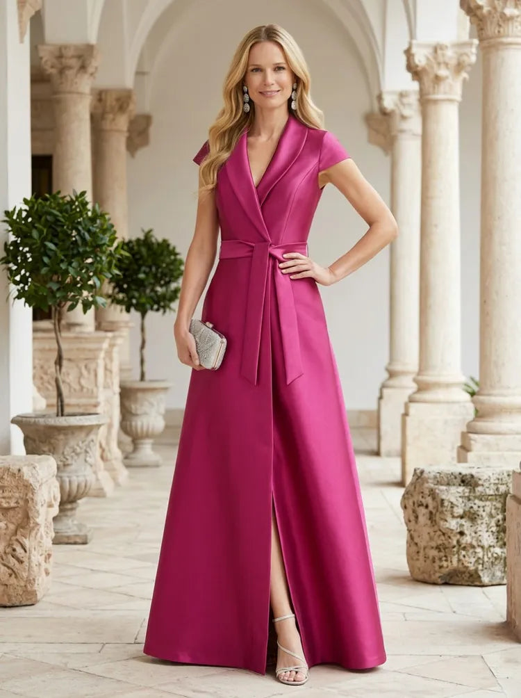 Loverlm fuchsia Mother of the Bride dress with shawl collar V-neck short sleeves waist tie front slit and floor-length satin skirt