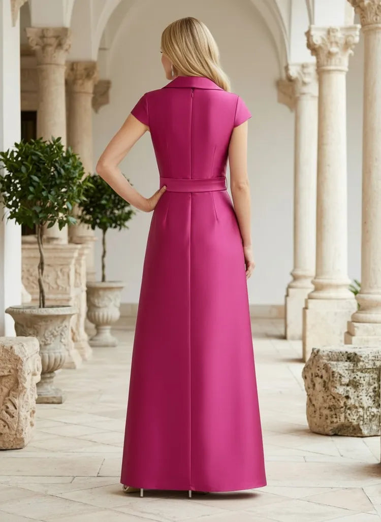 Elegant A-Line Shawl-Collar Short-Sleeve Satin Floor-Length Mother of the Bride Dress