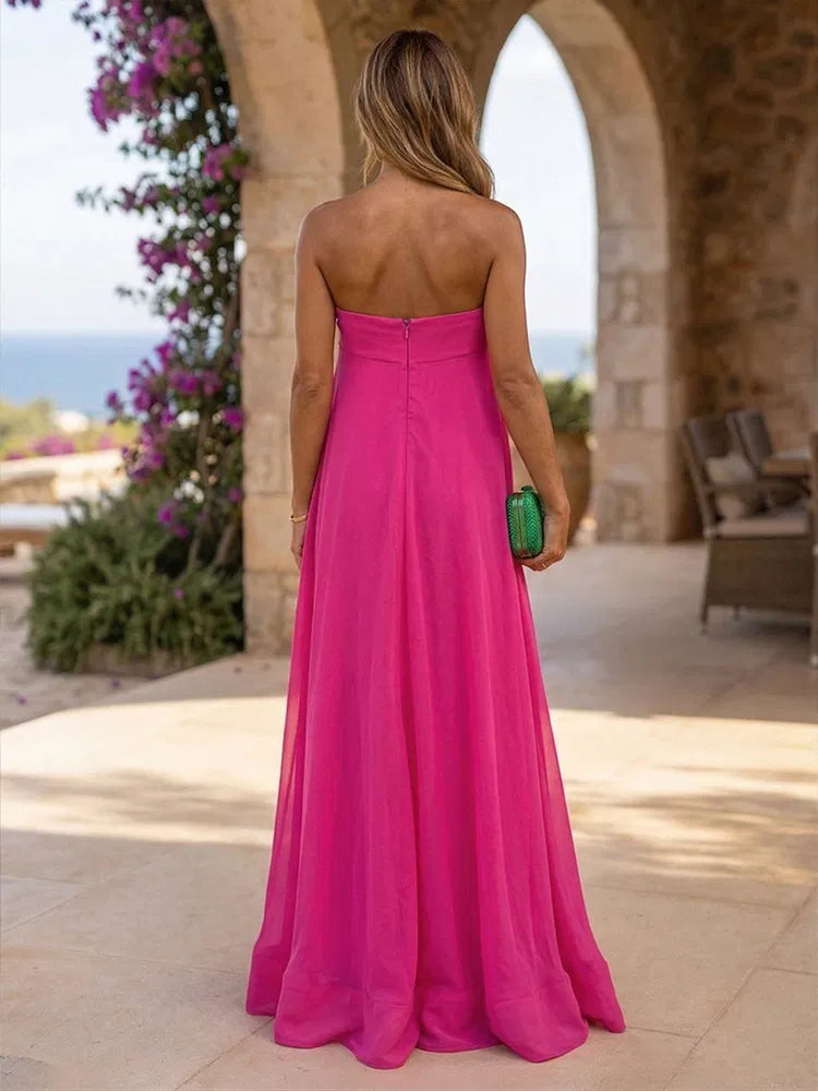Chic A Line Strapless Sleeveless Chiffon Floor Length Wedding Guest Dress