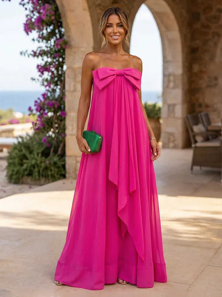Loverlm fuchsia pink strapless chiffon wedding guest dress with oversized bow and floor length skirt