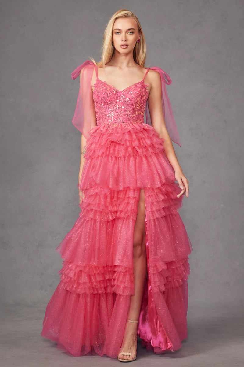 Loverlm fuchsia sweetheart bow strap tiered glitter tulle floor-length prom dress front view