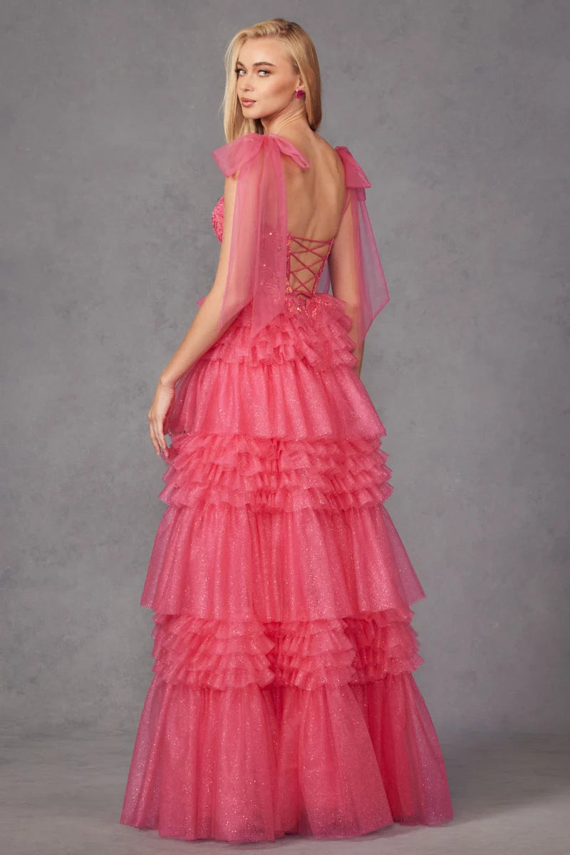Glamorous A-Line Sweetheart Bow-Strap Lace-Up Tiered Floor-Length Prom Dress