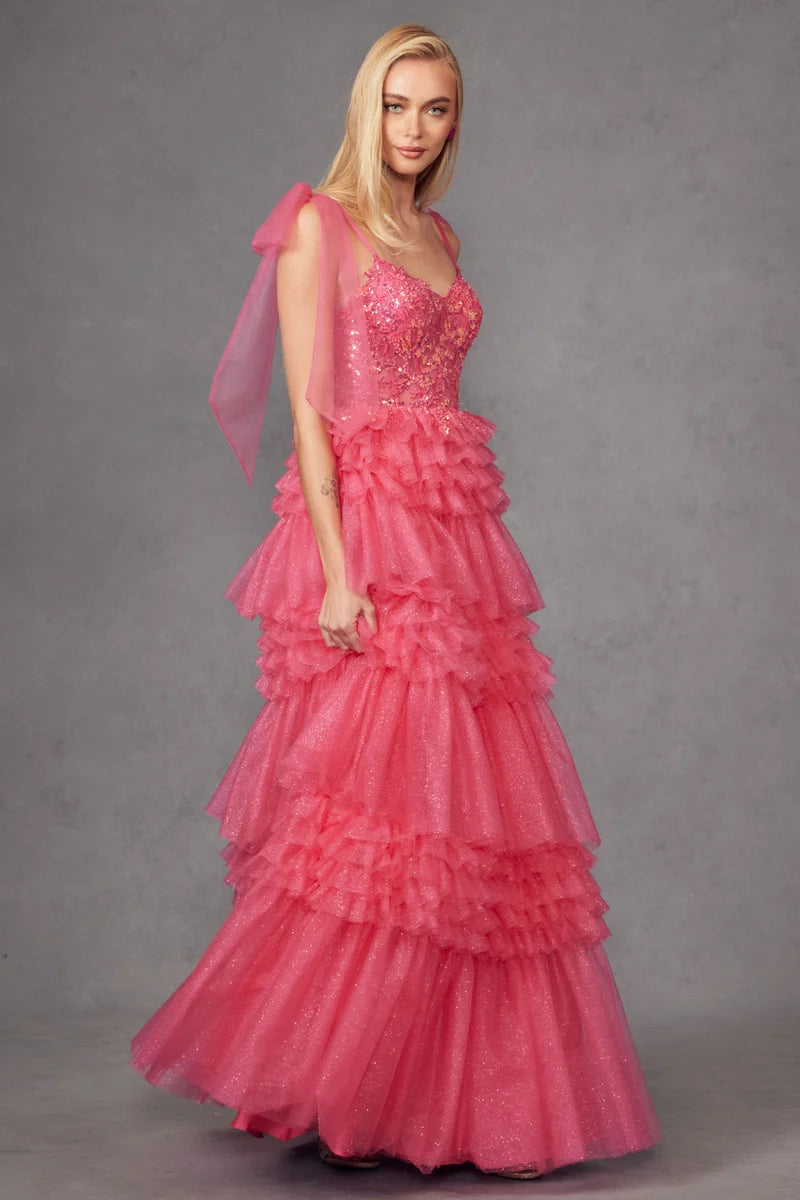 Glamorous A-Line Sweetheart Bow-Strap Lace-Up Tiered Floor-Length Prom Dress