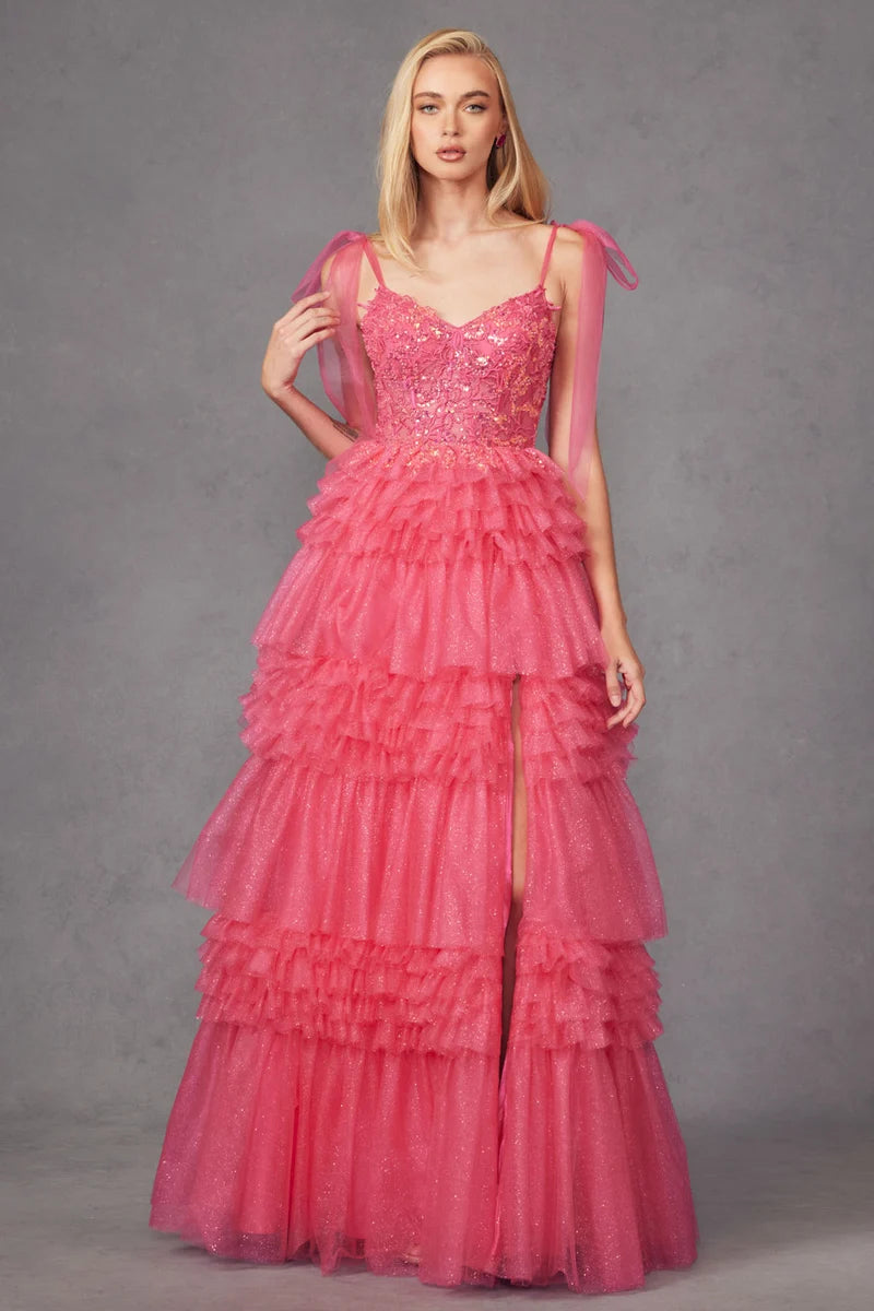 Glamorous A-Line Sweetheart Bow-Strap Lace-Up Tiered Floor-Length Prom Dress