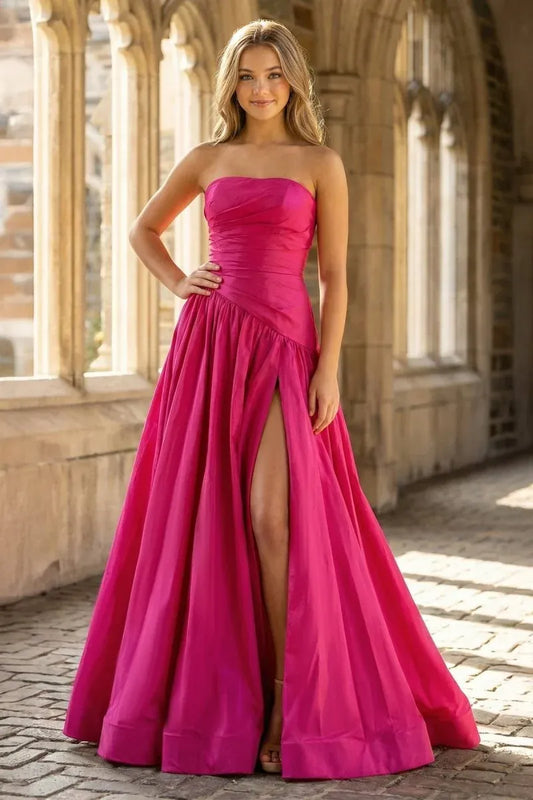 Loverlm fuchsia taffeta A-line prom dress with strapless ruched bodice, high front slit, and full gathered skirt
