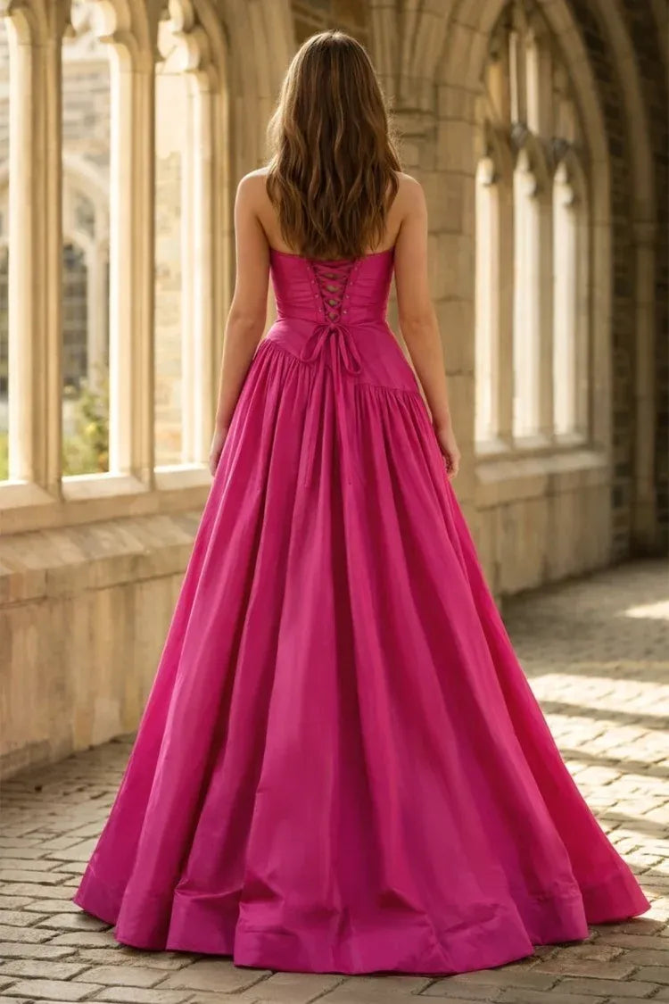 Loverlm Glamorous Fuchsia Taffeta A-Line Strapless Lace-Up Long Slit Prom Dress
