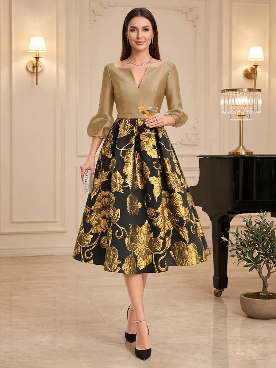 Loverlm gold and black mother of the bride dress with notched neckline, three-quarter puff sleeves and metallic gold floral jacquard A-line midi skirt