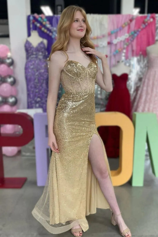 Loverlm champagne gold mermaid prom dress with sweetheart corset bodice and high slit