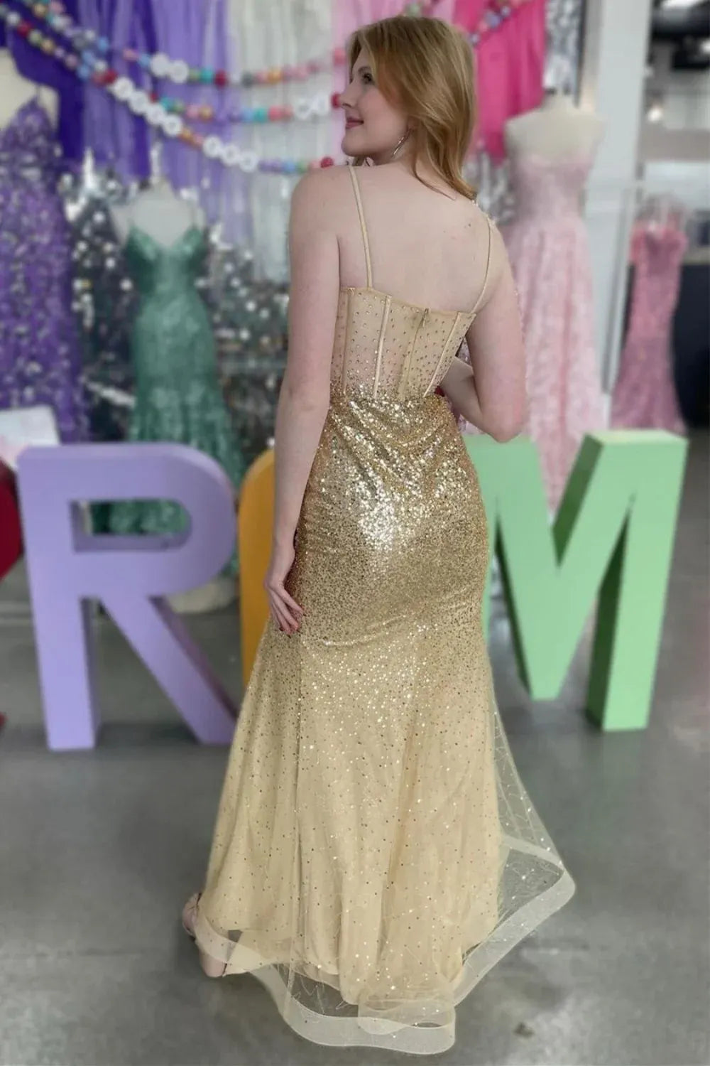 Glamorous Mermaid Sweetheart Sleeveless Structured Back Floor-Length Glitter Prom Dress
