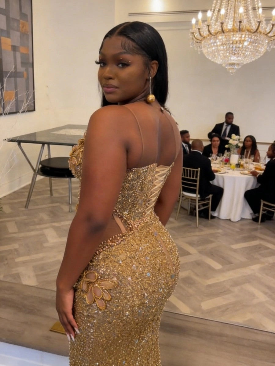 Glamorous Plus Size Mermaid Deep V Neck Sequin Gold Evening Dress