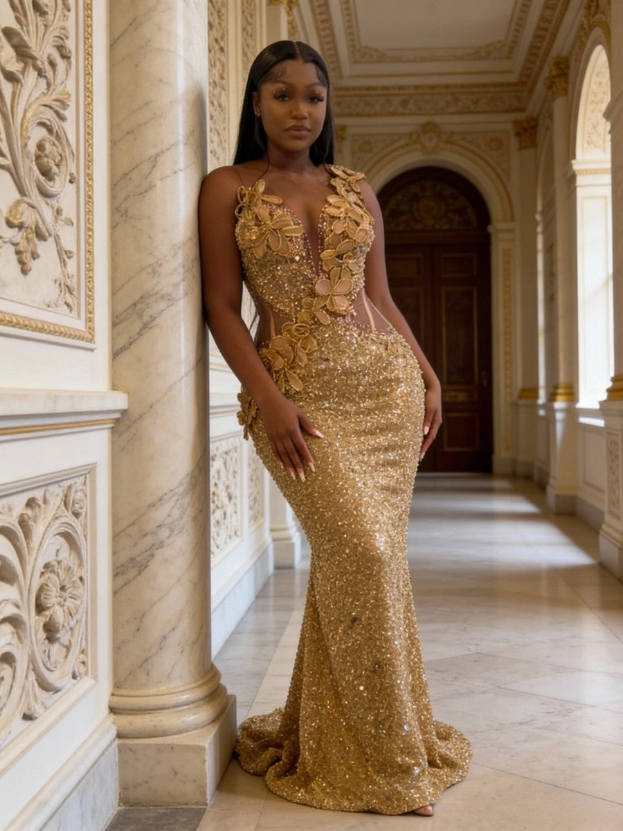 Glamorous Plus Size Mermaid Deep V Neck Sequin Gold Evening Dress