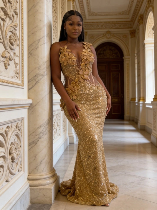 Glamorous Plus Size Mermaid Deep V Neck Sequin Gold Evening Dress