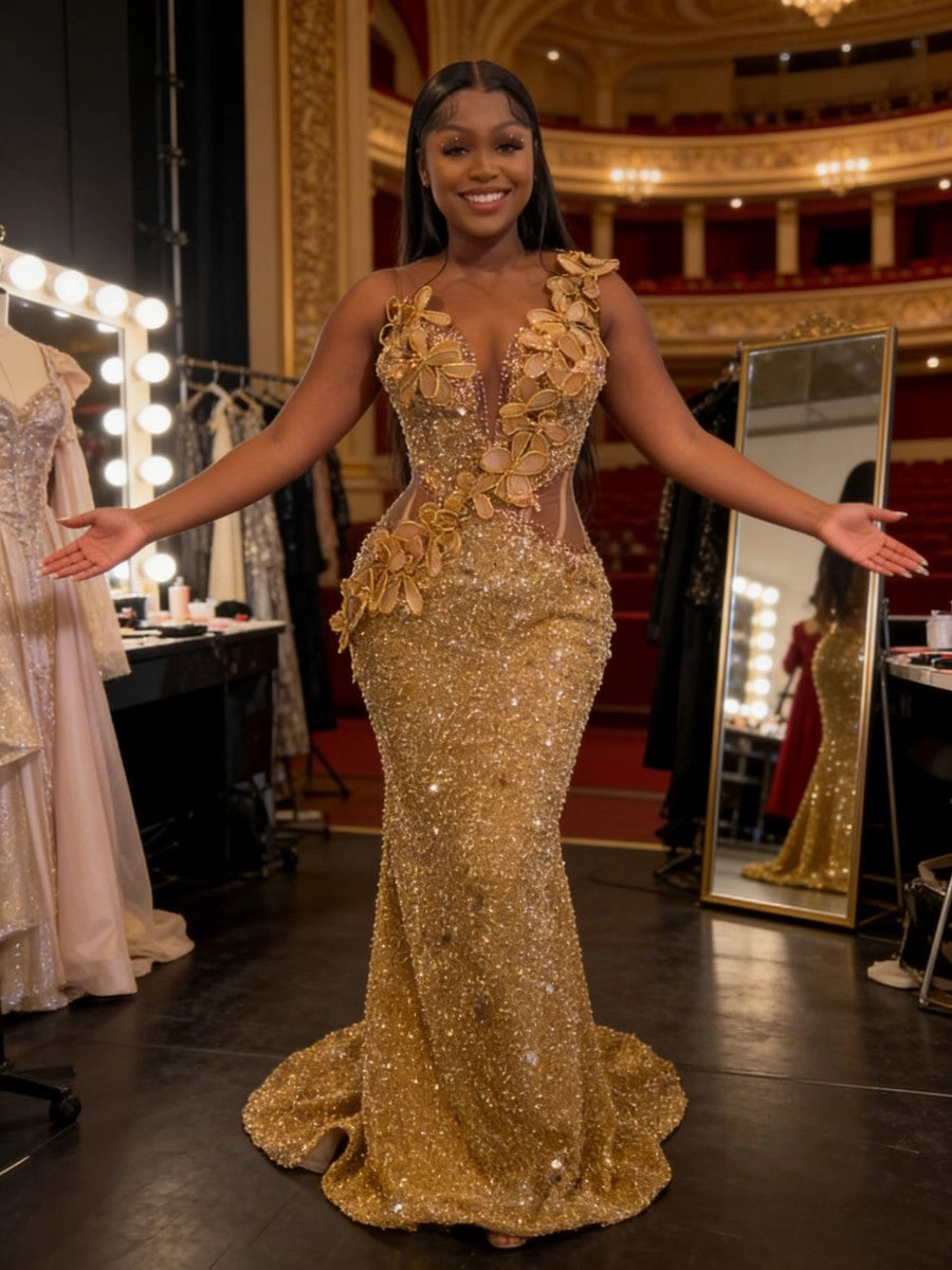 Glamorous Plus Size Mermaid Deep V Neck Sequin Gold Evening Dress